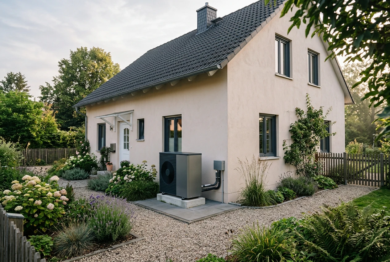 Wärmepumpe an einem modernisierten Wohnhaus mit bepflanztem Vorgarten