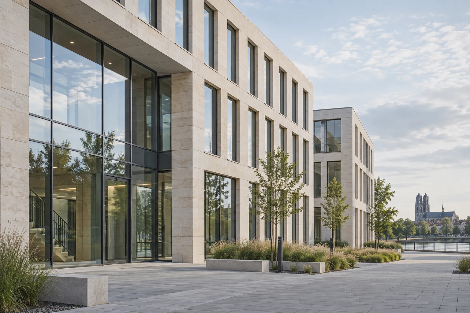 Modernes Nichtwohngebäude mit großen Fensterflächen